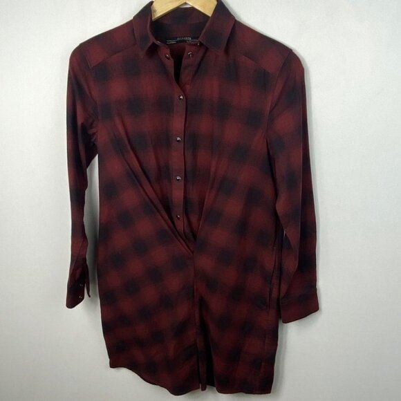 All Saints Kayla Plaid Shirt Dress Womens Size 2 Flannel Cotton Draped Burgundy - Picture 2 of 10